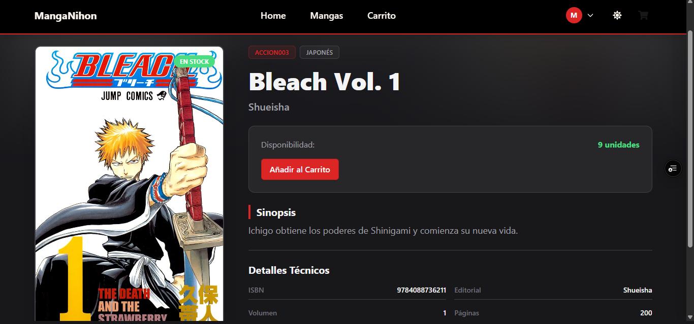 Ficha de producto con stock, sinopsis y detalles técnicos